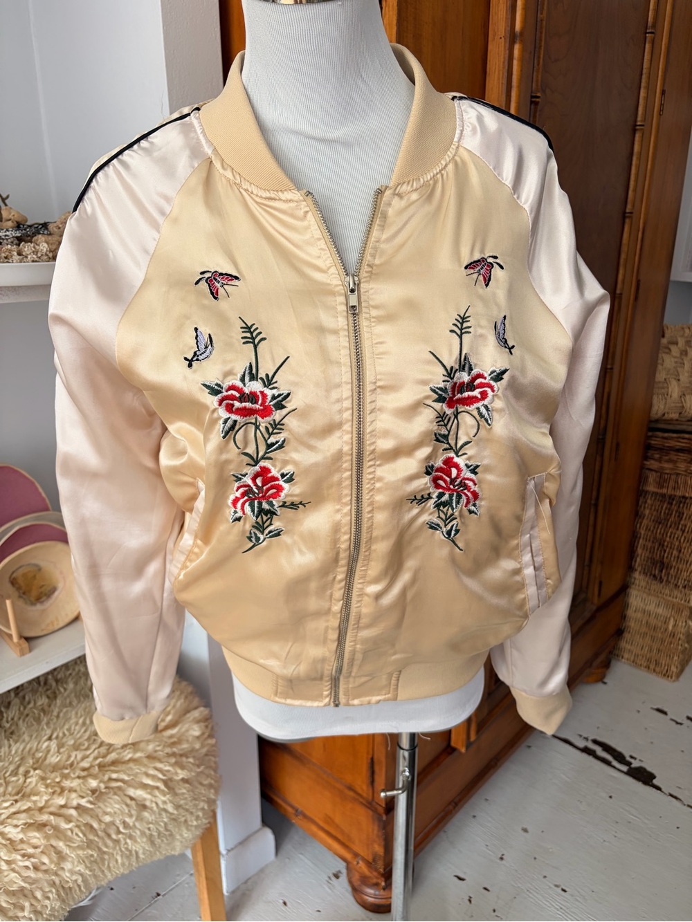 Floral Embroidered Satin Bomber Jacket - Cream